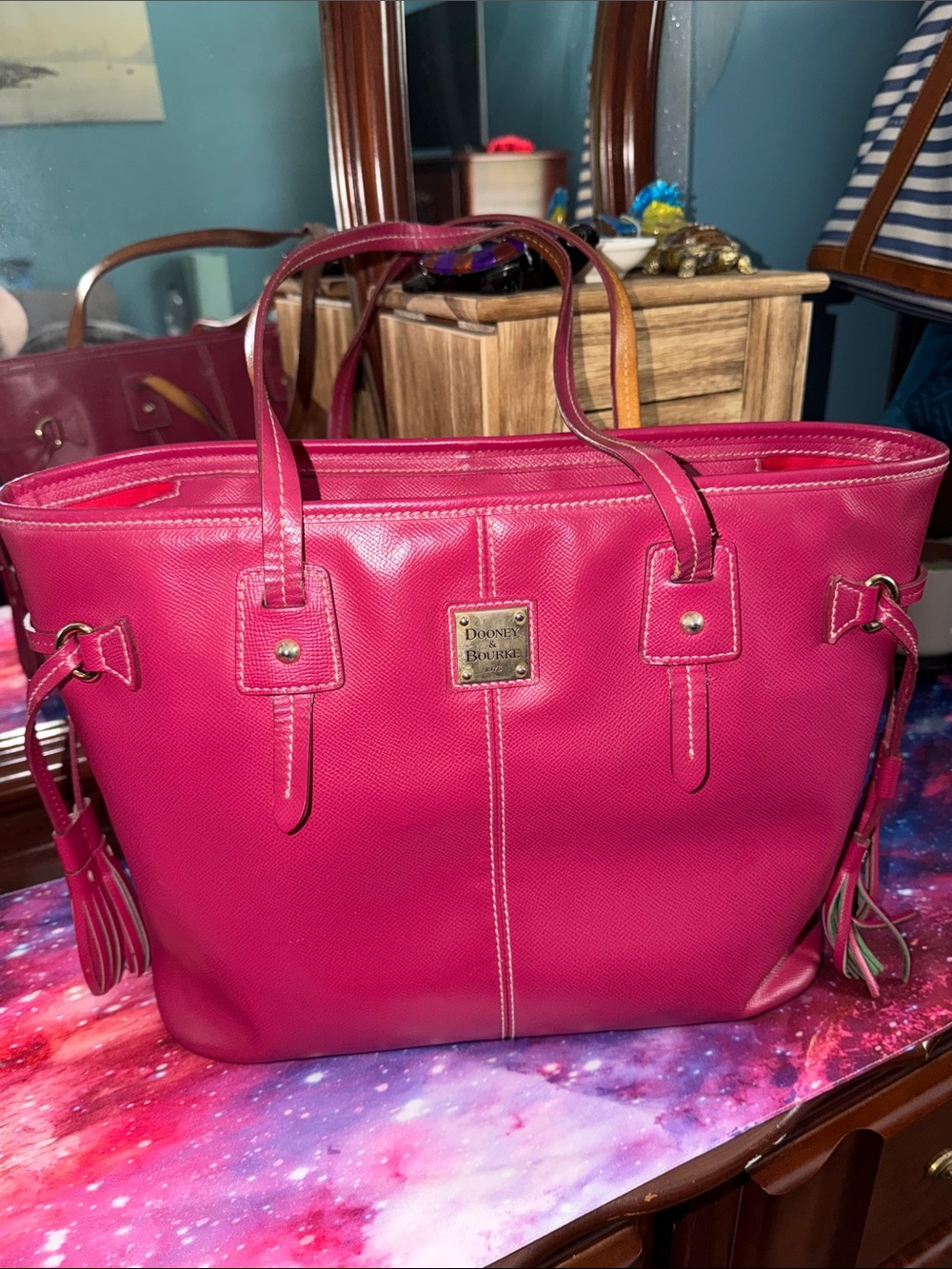 Dooney & Bourke Fuchsia Leather Tote with Gold-Tone Plaque